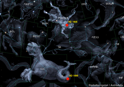 HD 1605 と HD 1666 の位置